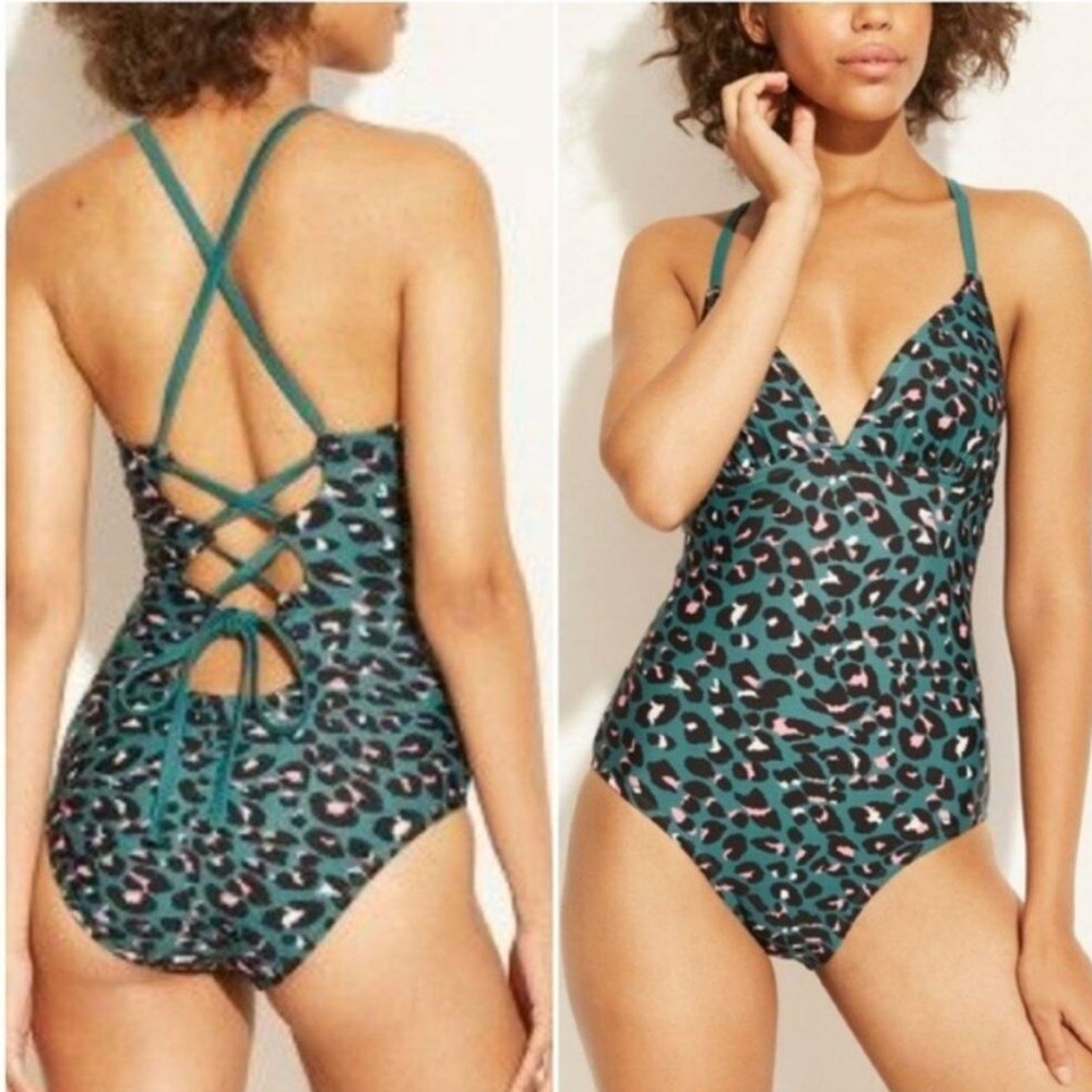 Kona Sol green leopard print bathing suit size medium EUC - Picture 6 of 6
